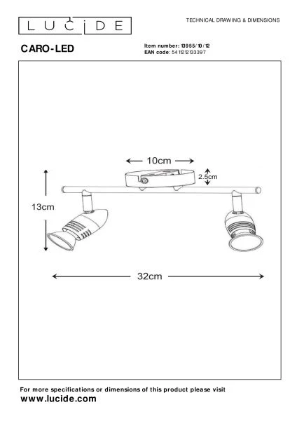 Lucide CARO-LED - Ceiling spotlight - LED - GU10 - 2x5W 2700K - Satin Chrome - technical